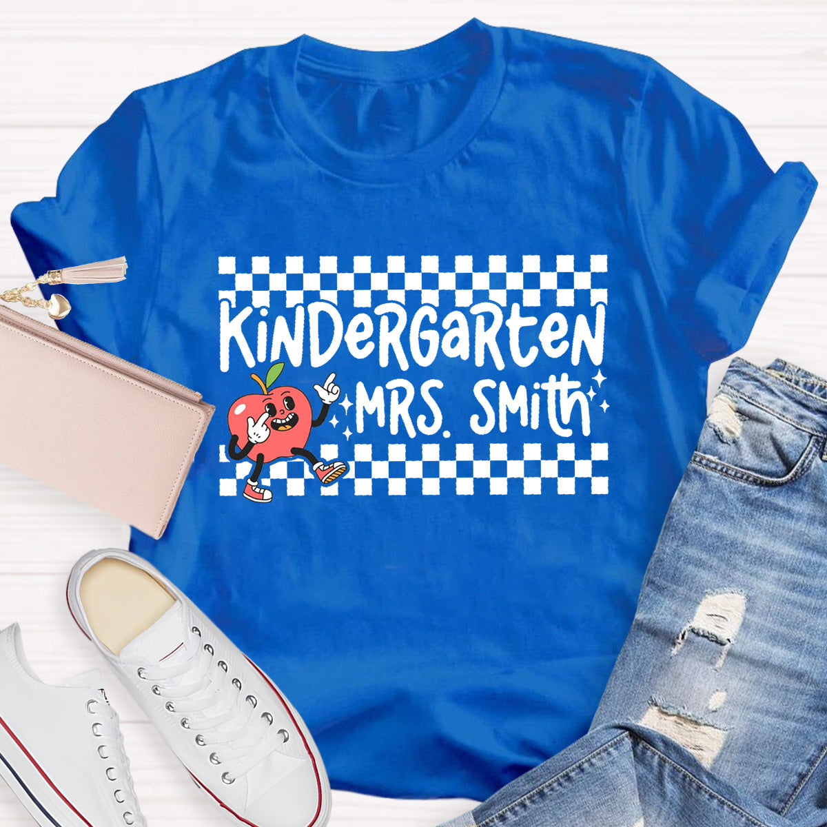 Personalized Grade And Name Chessboard pattern Apple Teacher T-Shirt