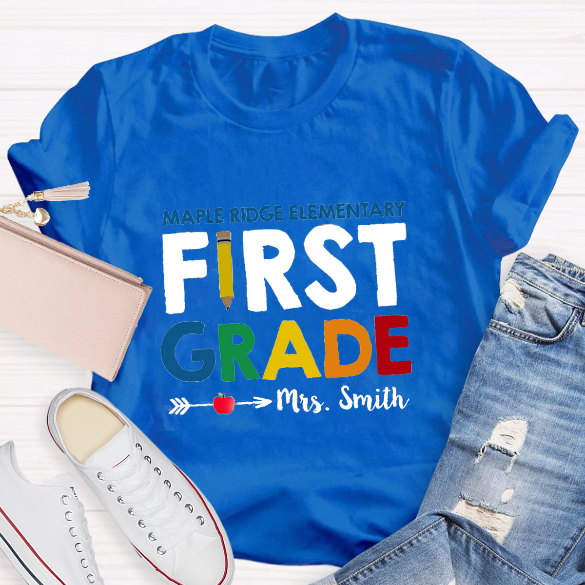 Personalized School Name Grade And Teacher Name Pencil Apple Heart T-Shirt