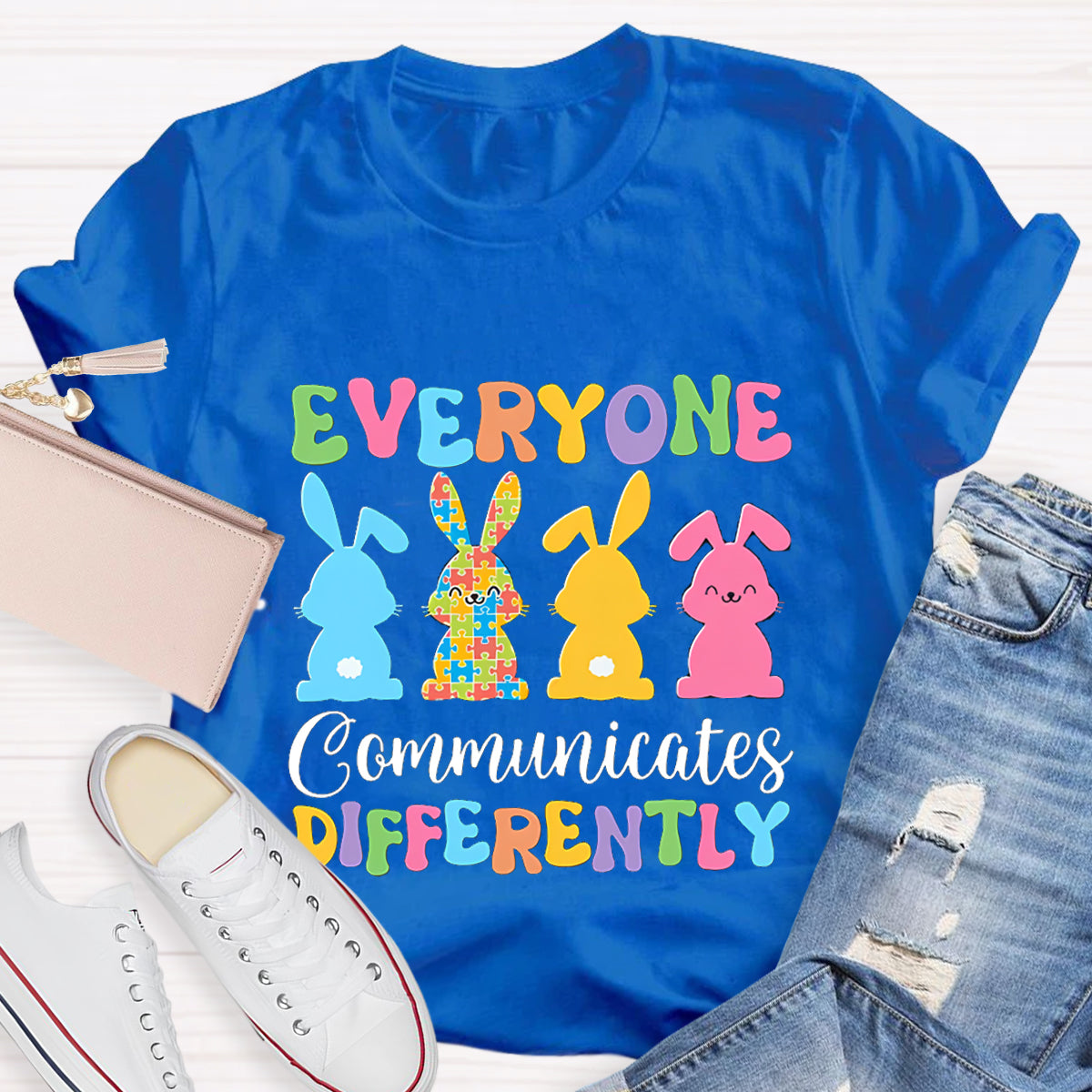 Everyone Communicates Differently Bunny Teacher T-Shirt
