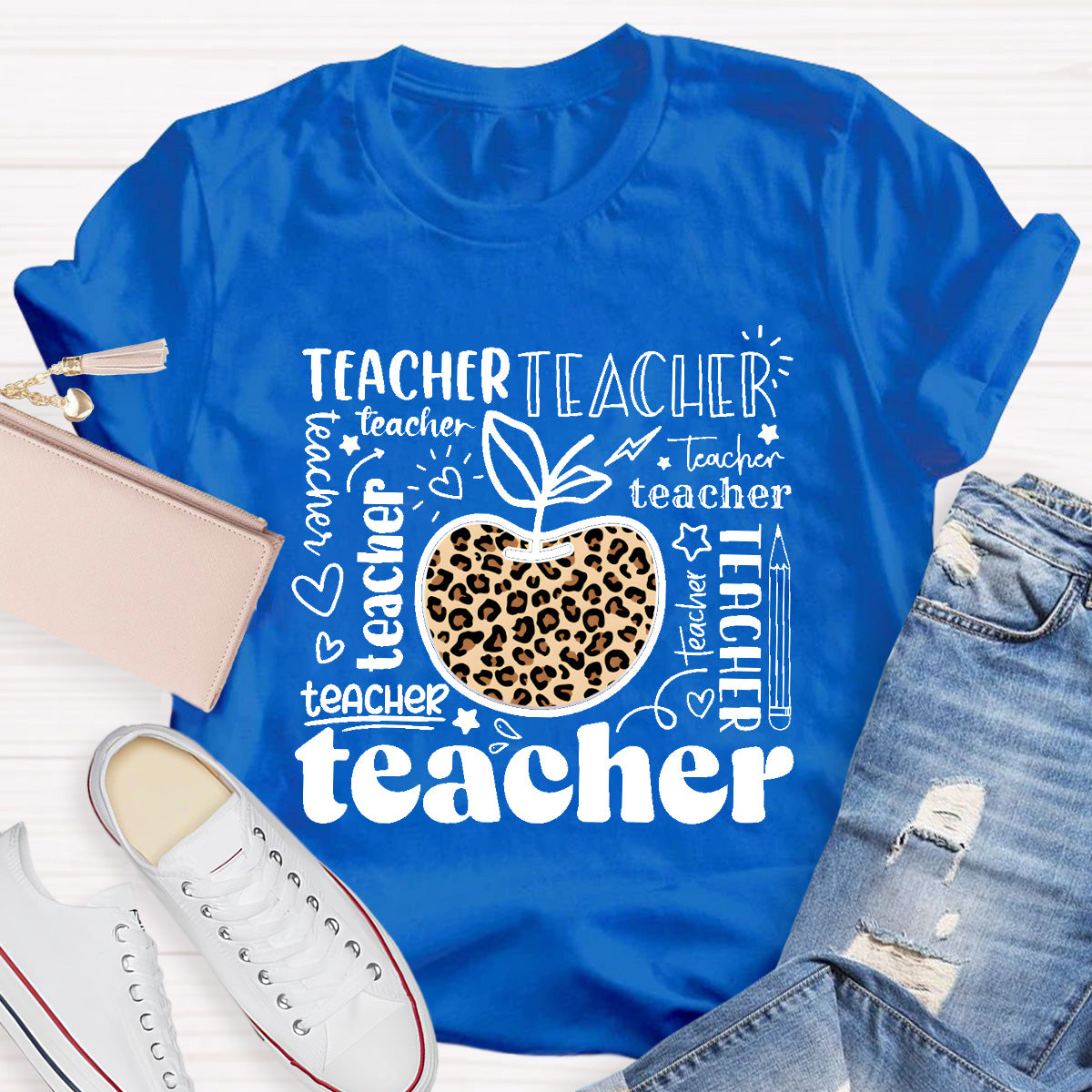 Teacher Various Fonts Various Fonts Leopard Apple T-Shirt