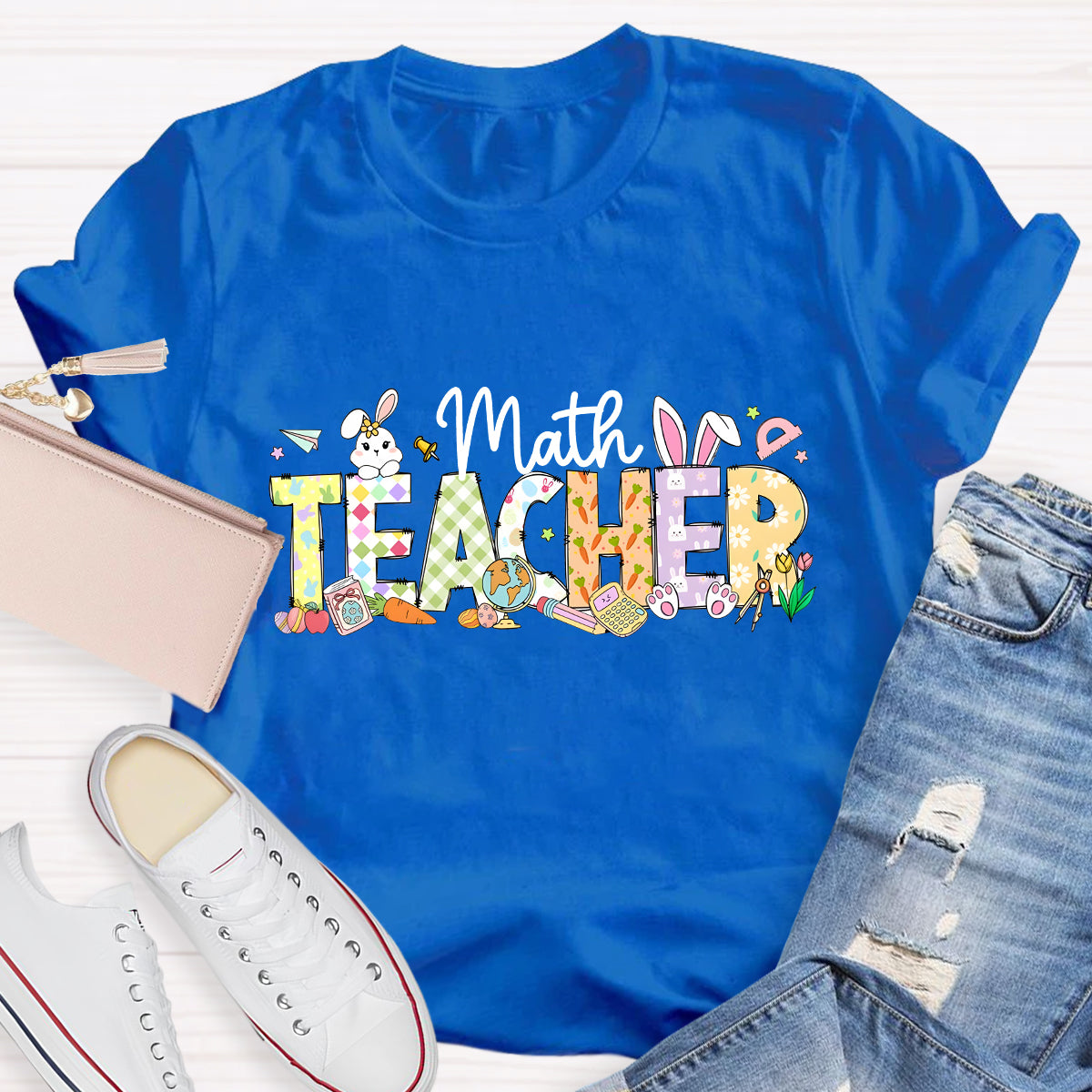 Happy Easter Math Teacher Pink Rabbits Teacher T-Shirt