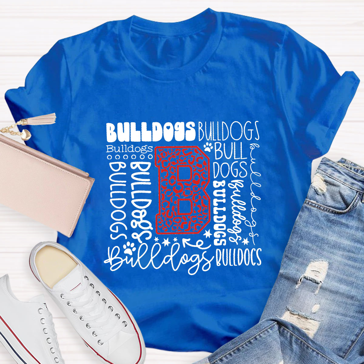 Personalized Mascot Bulldogs Red Printed Teacher T-Shirt