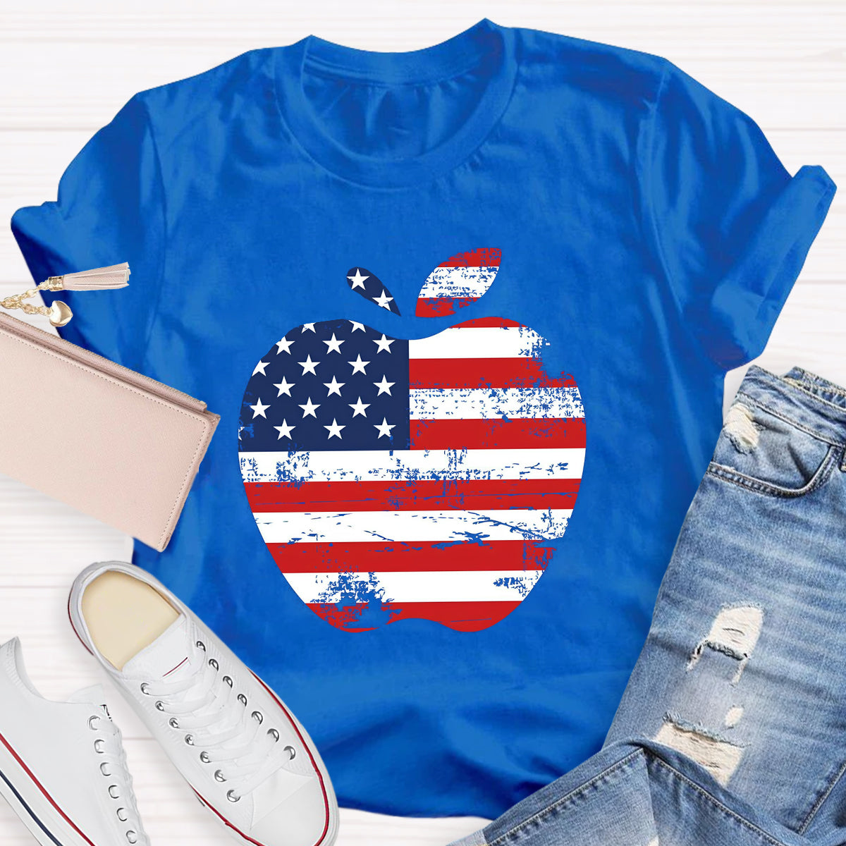 US Flag Apple Teacher T-Shirt