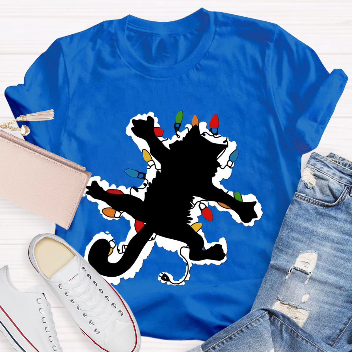 Pussy Cat And Lights Christmas T-Shirt
