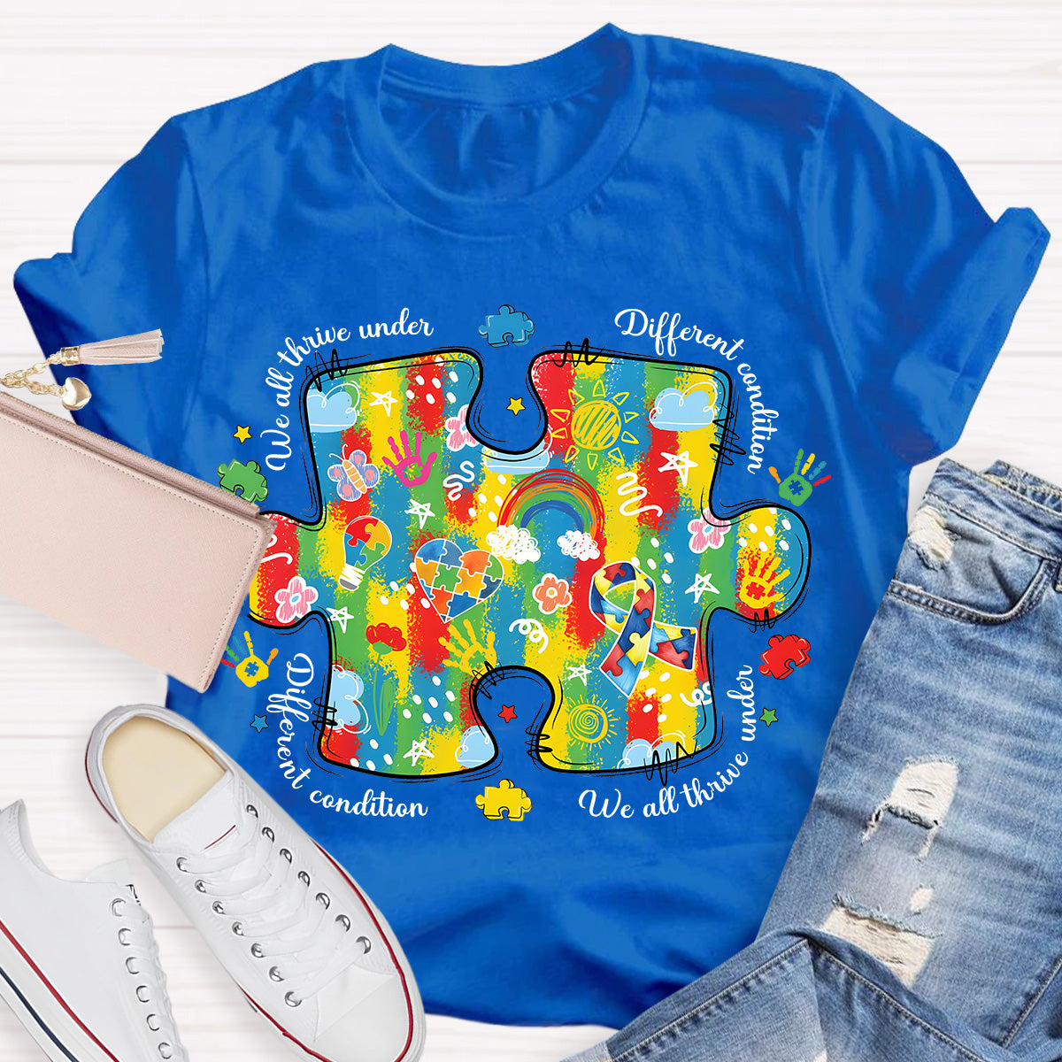 We All Think Under Different Condition Rainbow Puzzle Teacher T-Shirt