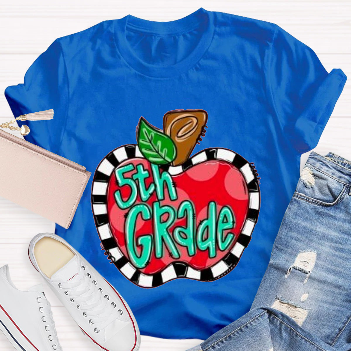 Personalized Grade Teacher Color Block  Apple Printed T-Shirt