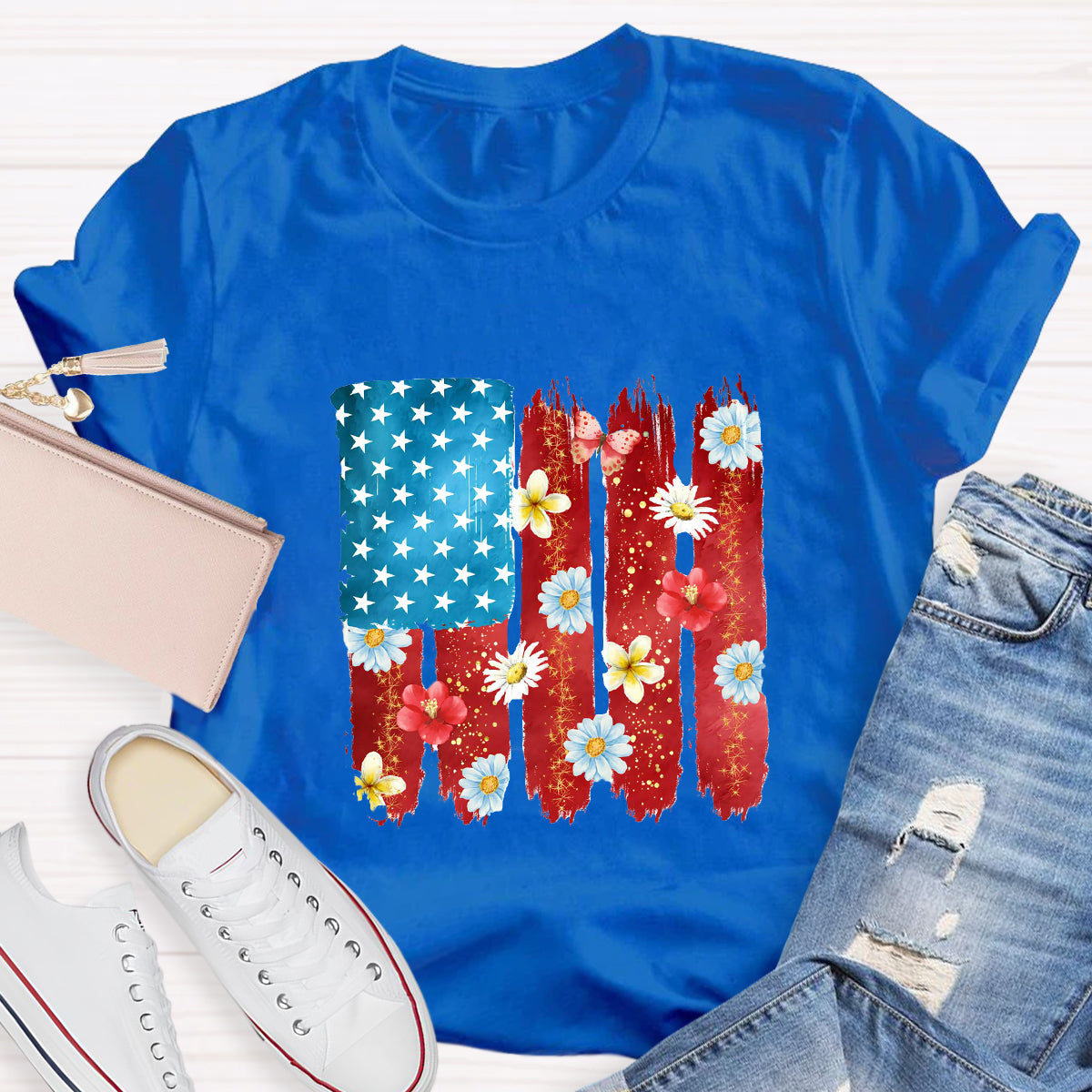 US Flag Flower Strip Star Teacher T-Shirt
