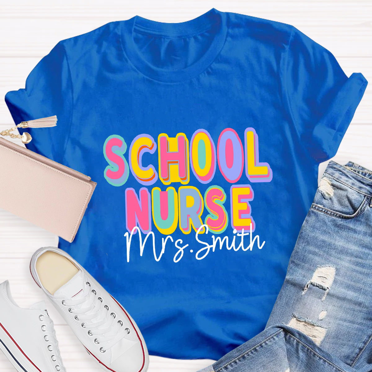 Personalized School Nurse Name Colorful Printed Letter T-Shirt