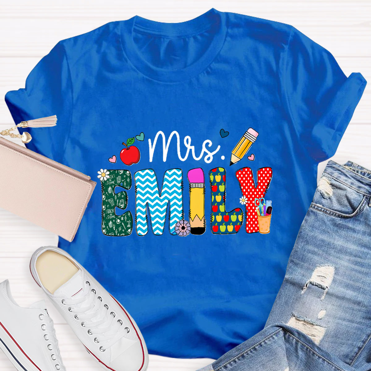 Personalized Name Beautiful Flower Emily Teacher T-Shirt