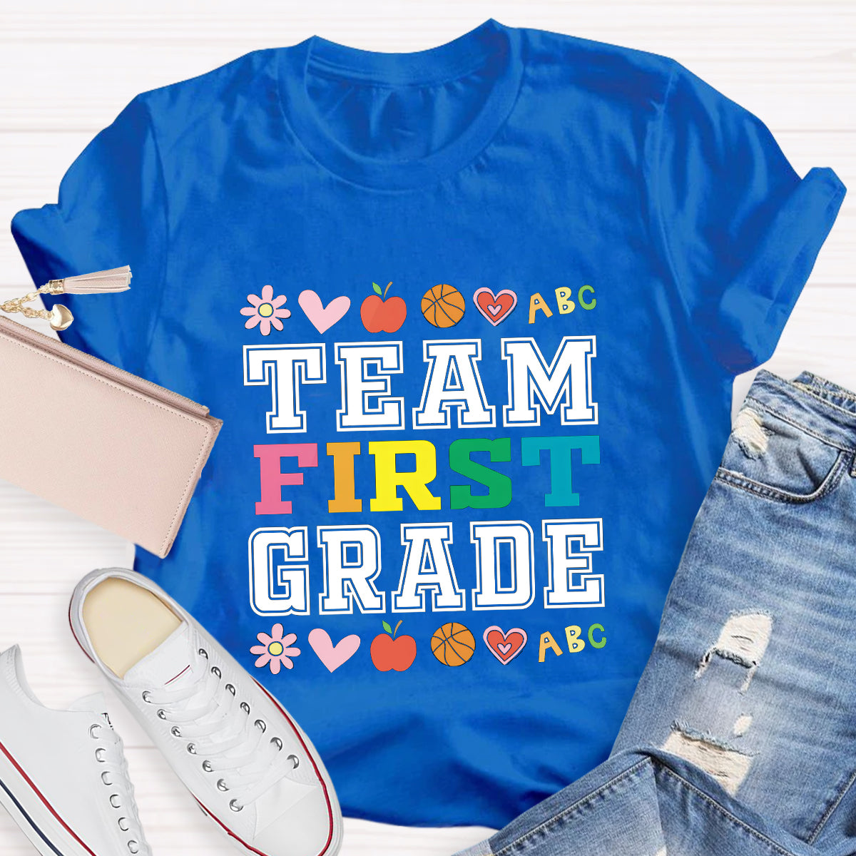 Personalized Grade Team Colorful First Grade Teacher T-Shirt