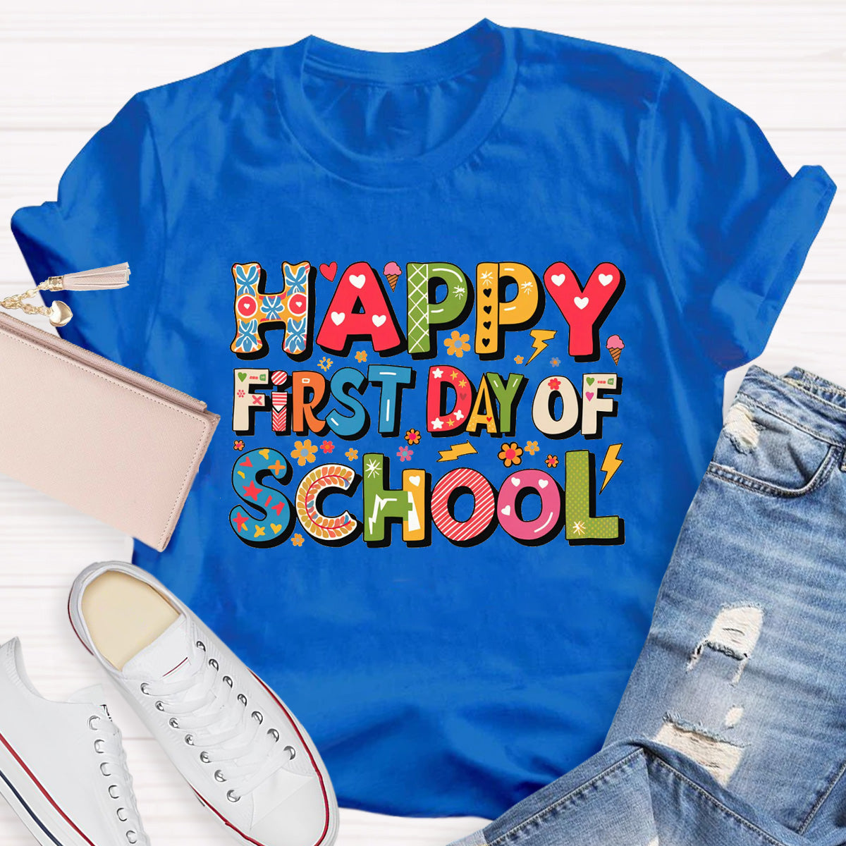 Happy First Day Of School Heart Printed Teacher T-Shirt