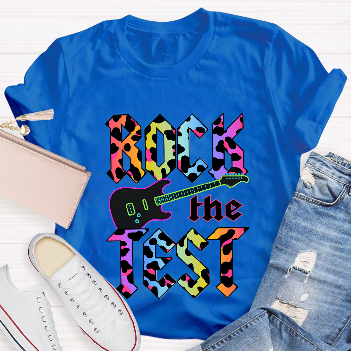 Rock The Test Colorful Leopard Print Teacher T-Shirt