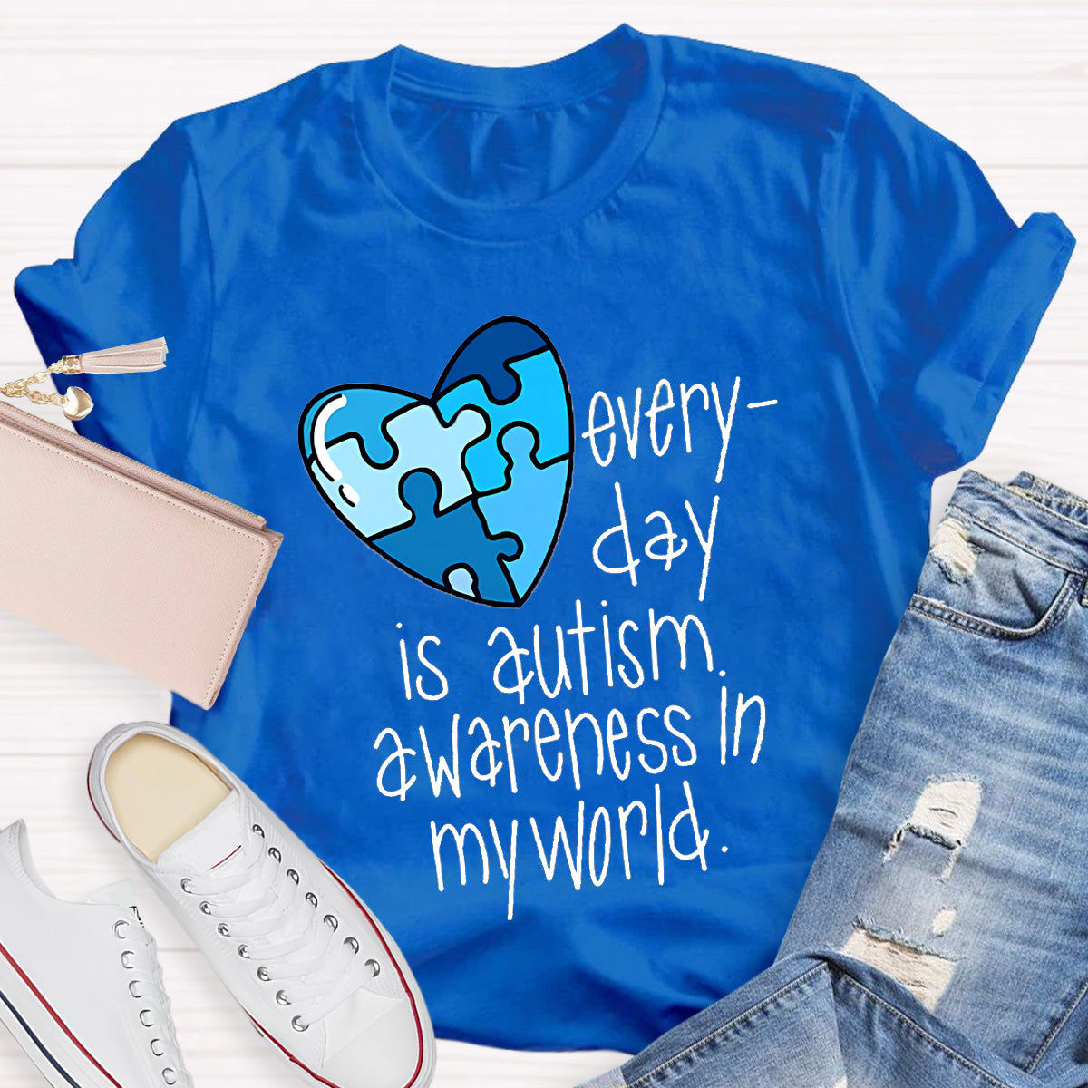 Blue Heart Awareness In My World Teacher T-Shirt
