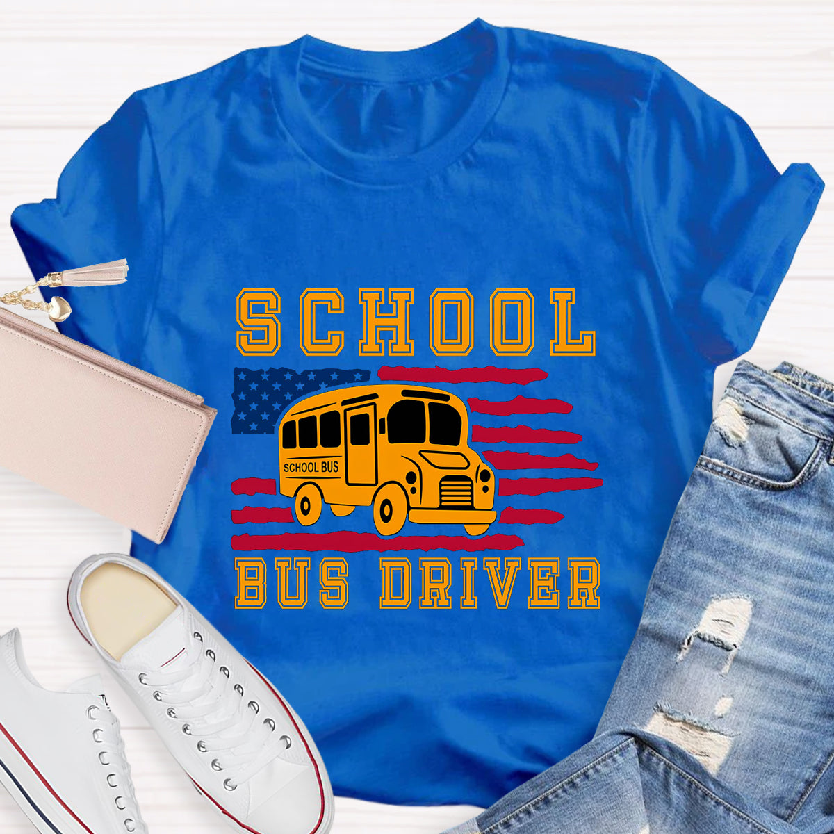 School Bus Driver US Flag T-Shirt
