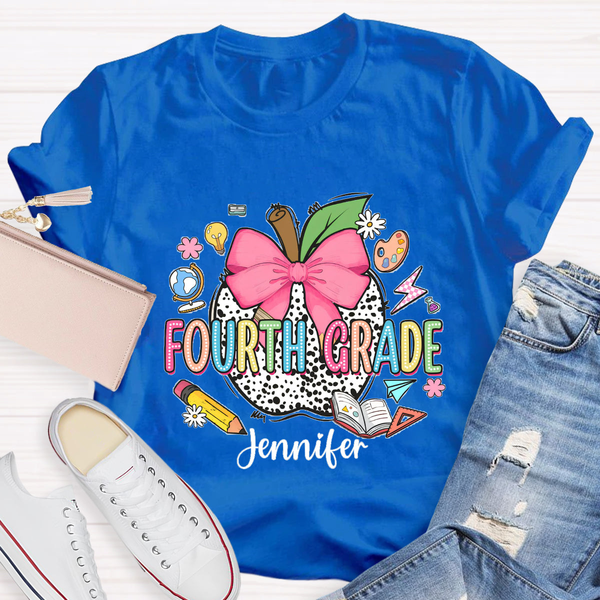 Personalized Teacher Name And Grade leopard print Apple T-Shirt