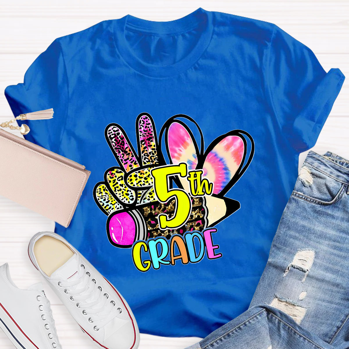Personalized Grade Colorful Leopard Heart 5th Grade Teacher T-Shirt