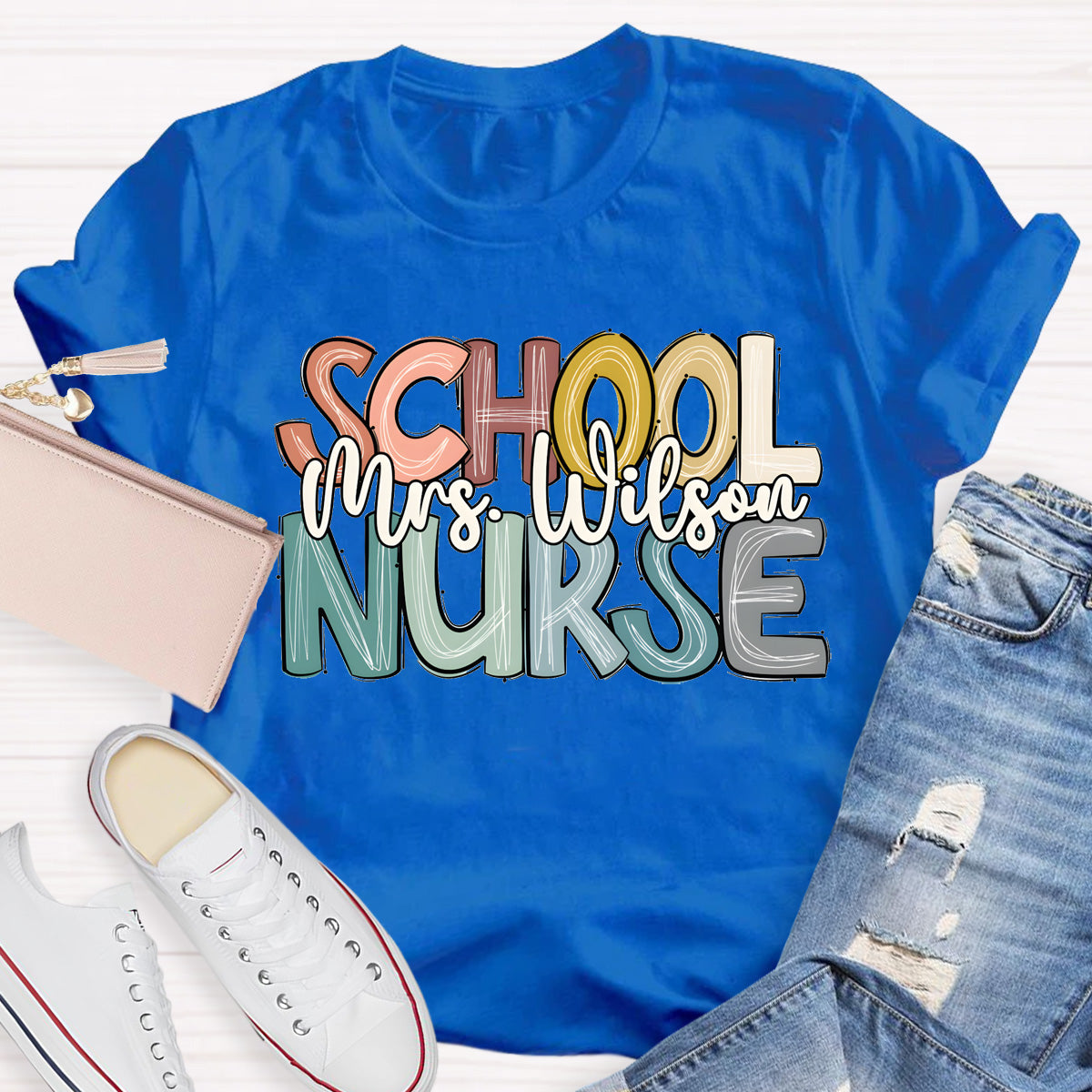 Personalized School Nurse Name Colorful Letter T-Shirt