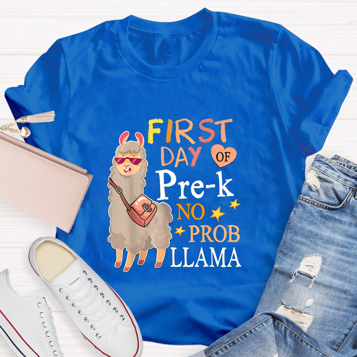 Personalized Grade First Day Of Pre-k No Prob Llama Spanish Teacher T-Shirt