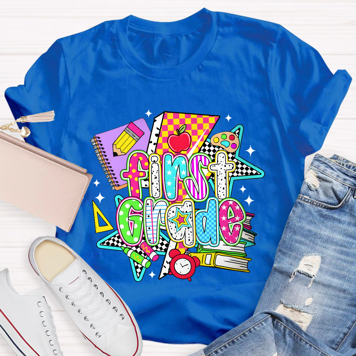 Personalized Grade First Grade Teacher Books Pencil T-Shirt
