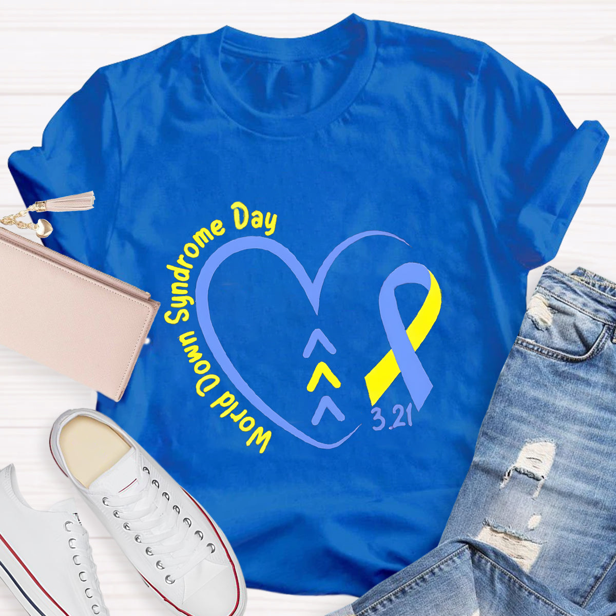 Down Syndrome Day Blue Heart Teacher T-Shirt