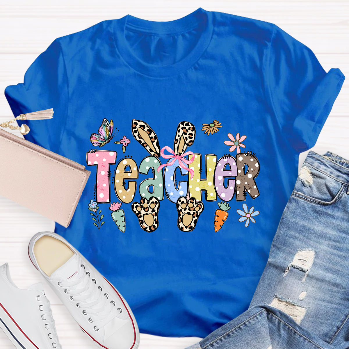 Leopard Happy Easter Bunny Teacher T-Shirt