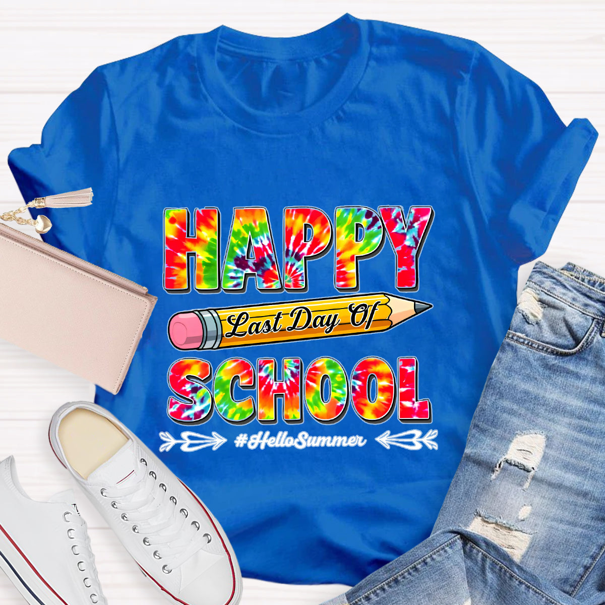 Happy Last Day Of School Hello Summer Colorful Pencil Teacher T-Shirt
