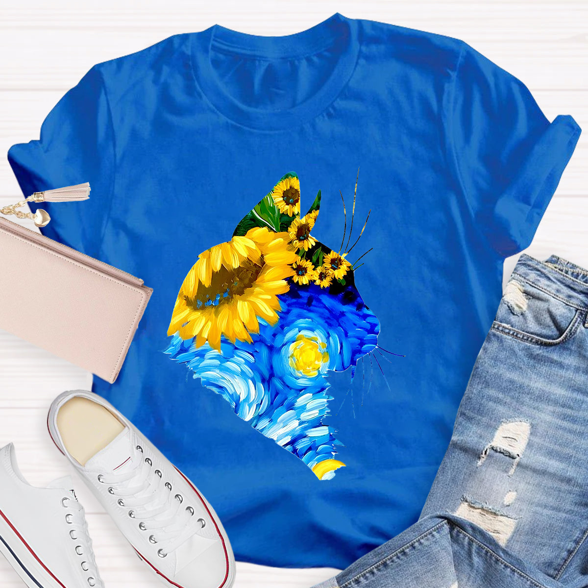 Art Sunflower Cat Teacher T-Shirt