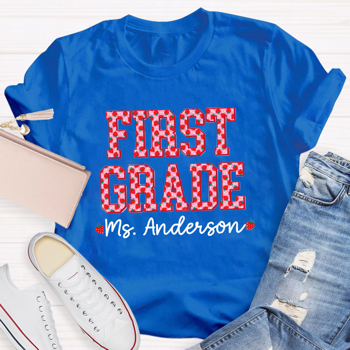 Personalized Grade And Name Strawberry Printed Teacher T-Shirt