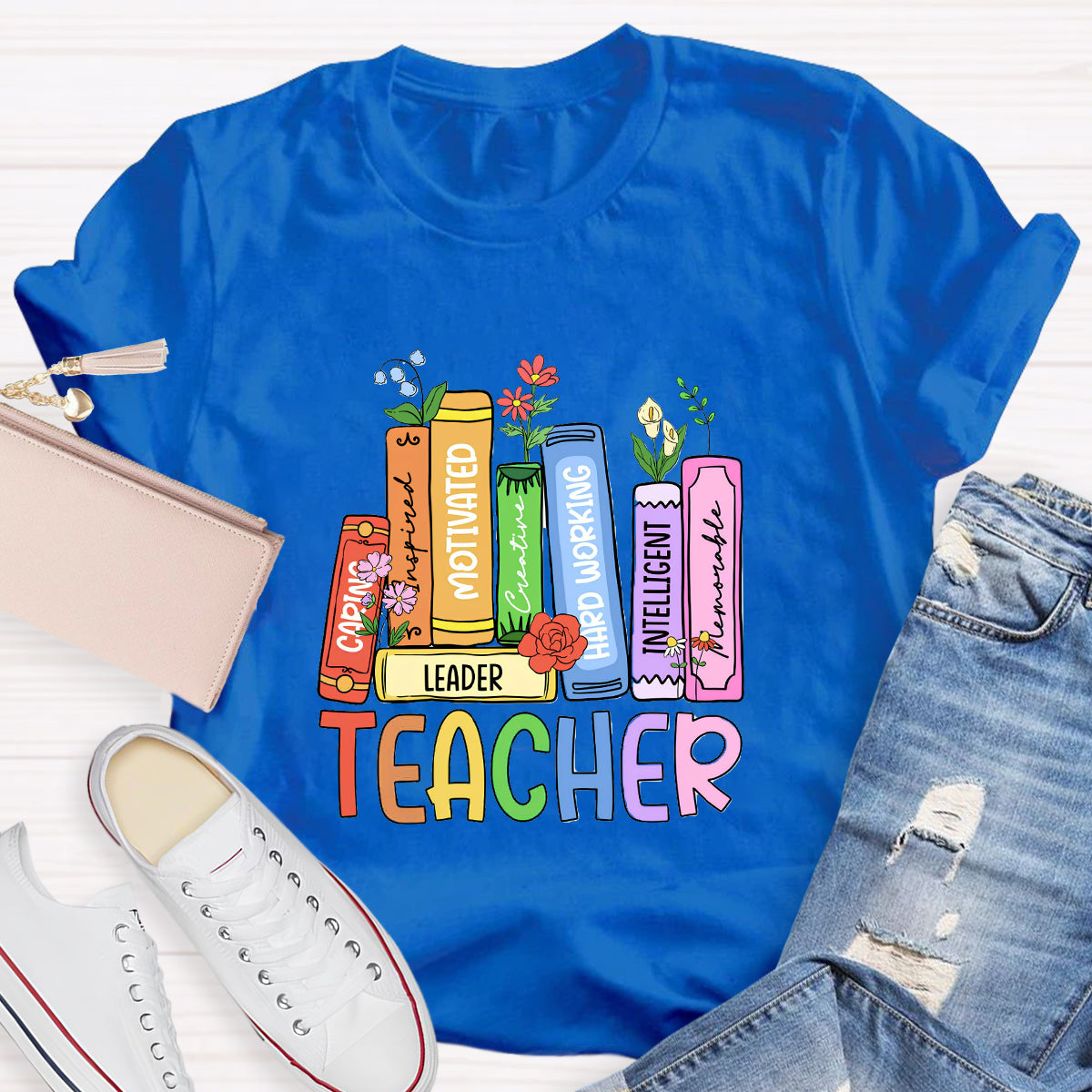 Caring Motivated Floral Books Teacher T-Shirt