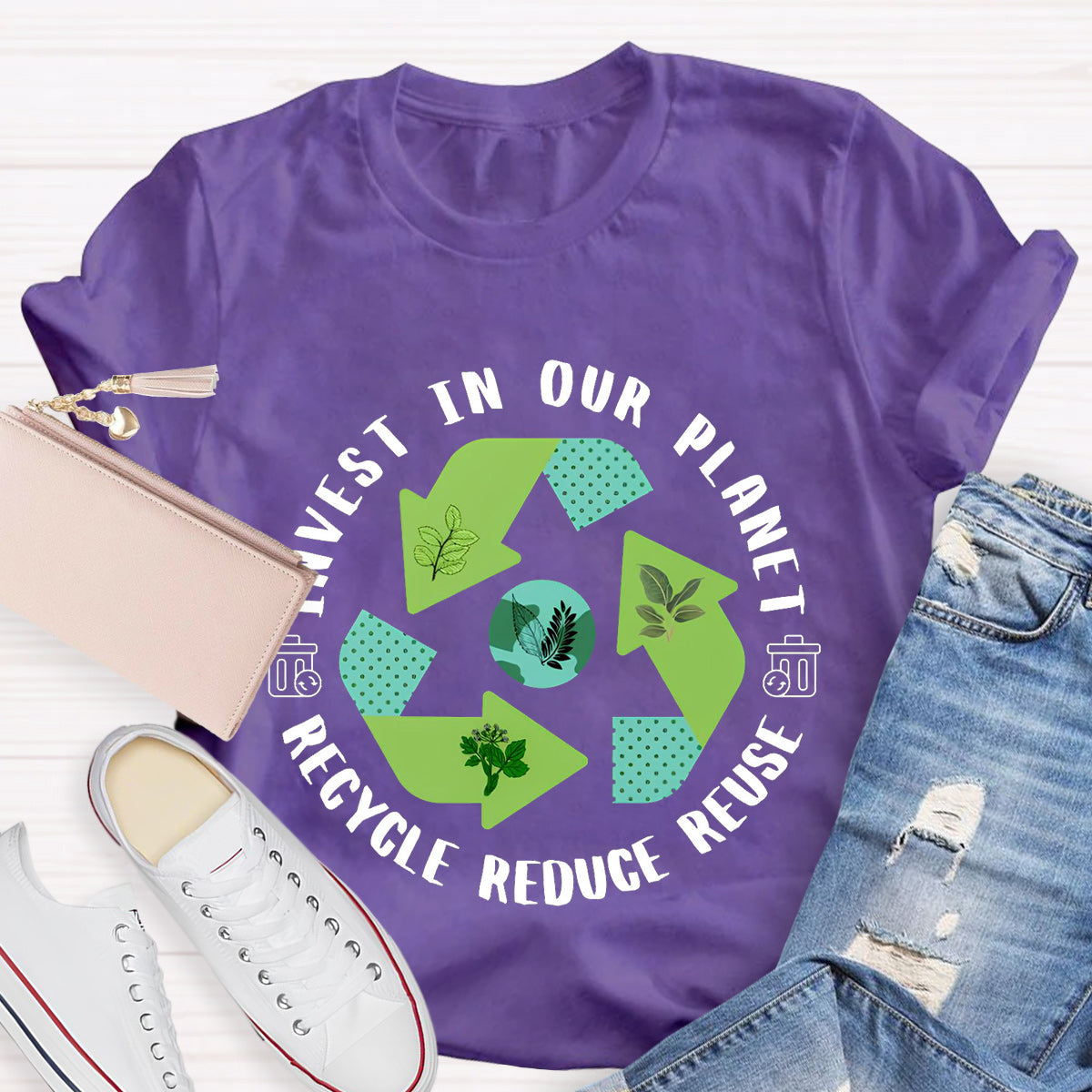 Invest In Our Planet Recycle Reduce Reuse Earth Day T-Shirt