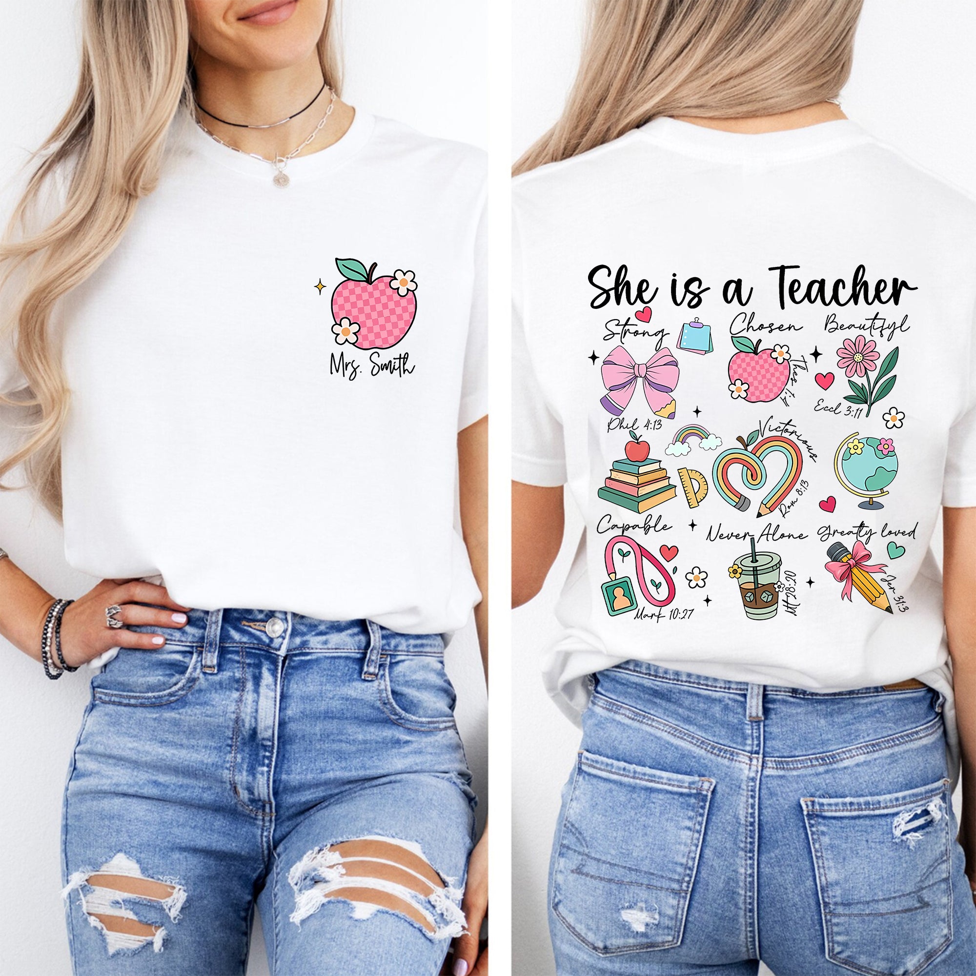 Personalized Name She Is A Teacher Strong Beautiful Double Printed T-shirt