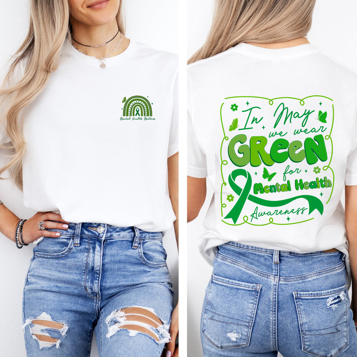 In May We Wear Green For Mental Health Awareness Double Printed T-shirt