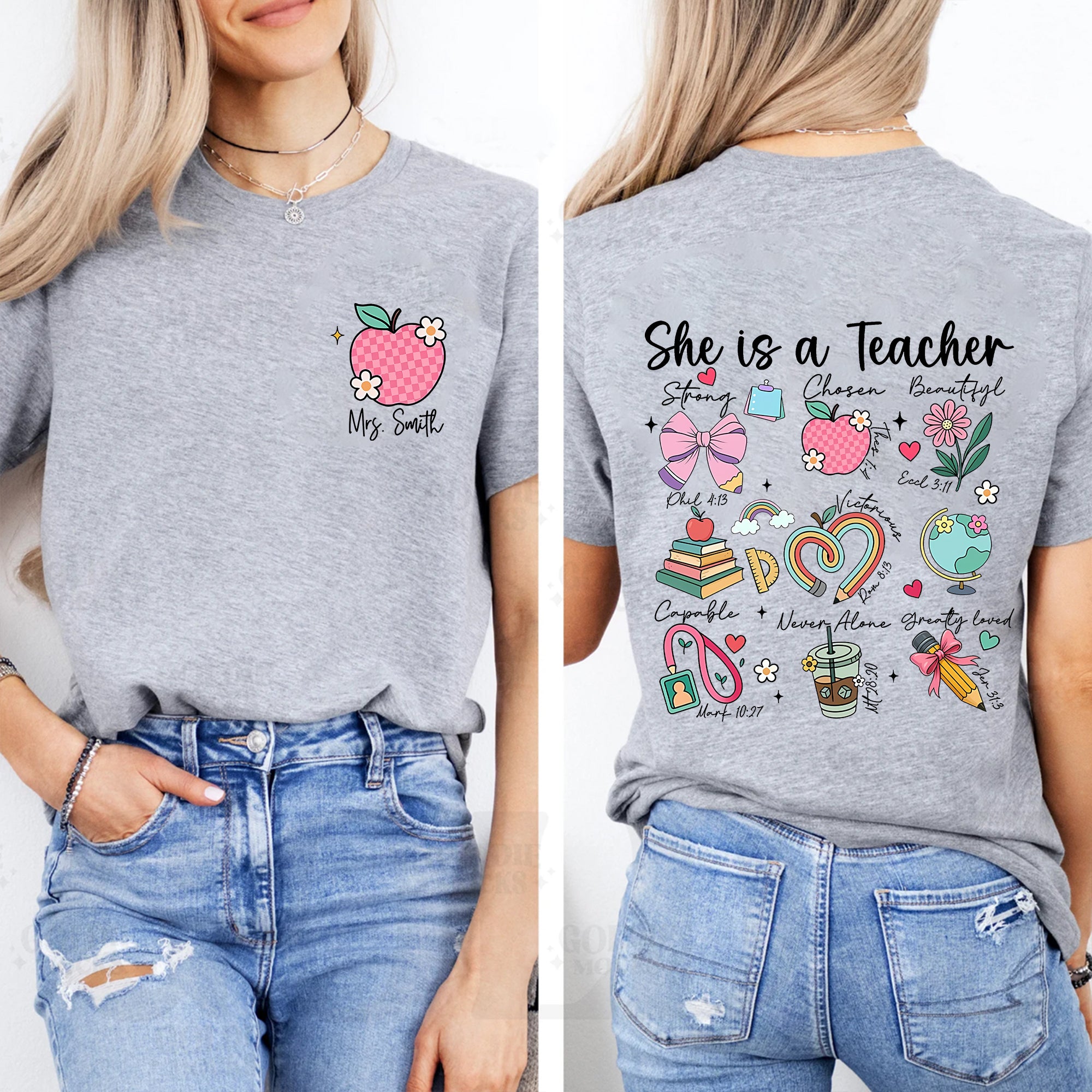 Personalized Name She Is A Teacher Strong Beautiful Double Printed T-shirt