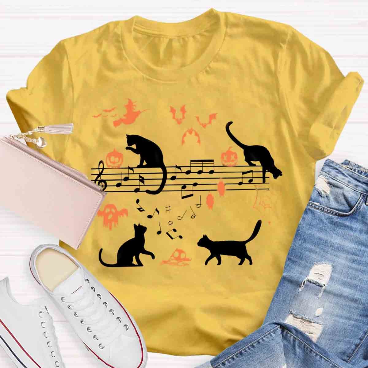 Ghost Cat Music Notes Halloween Music Teacher T-Shirt