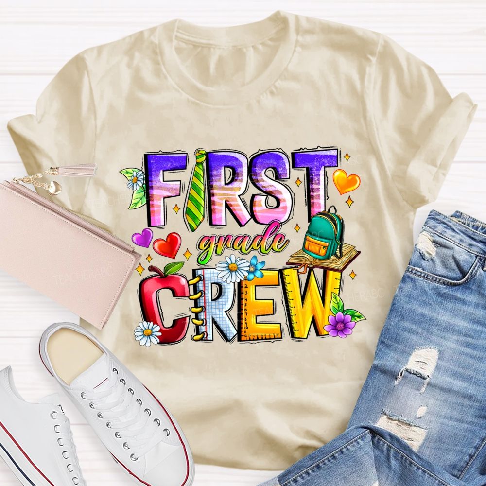 Personalized Grade First Grade Crew Apple Heart Teacher T-Shirt