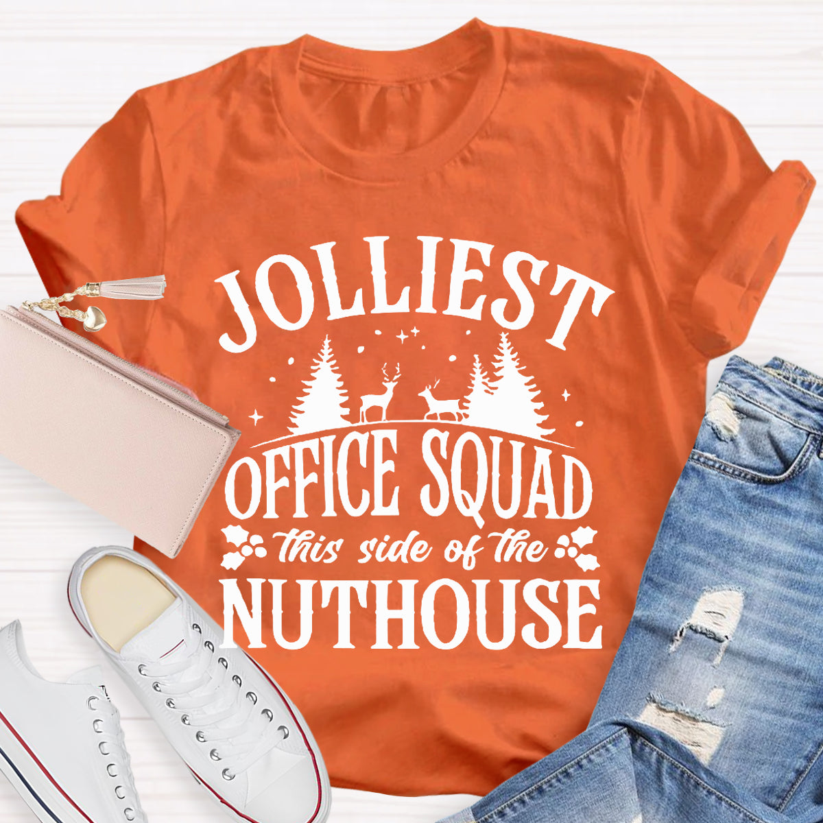 Jolliest Office Squad This Side Of The Nuthouse Christmas Tree And Elk T-shirt