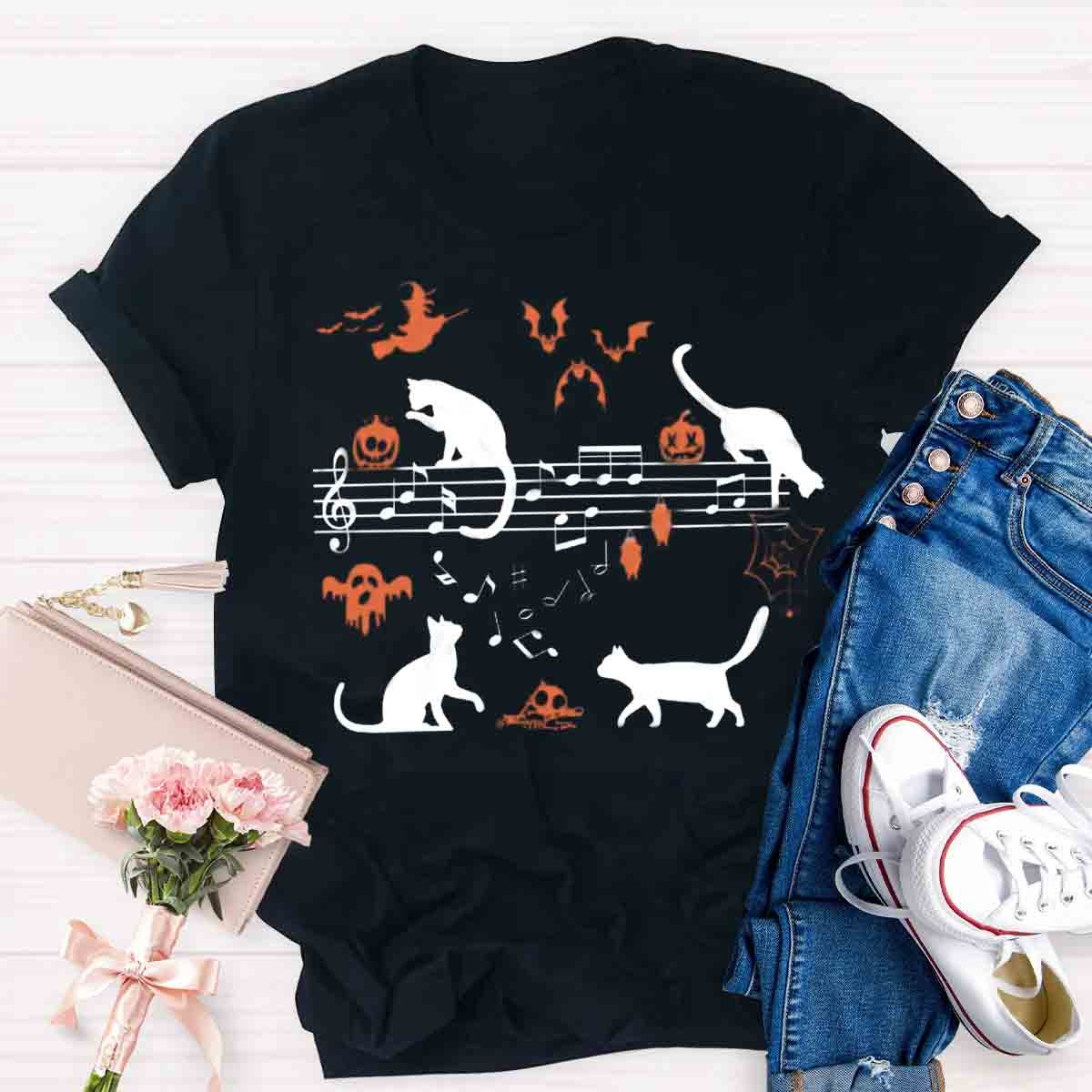 Ghost Cat Music Notes Halloween Music Teacher T-Shirt
