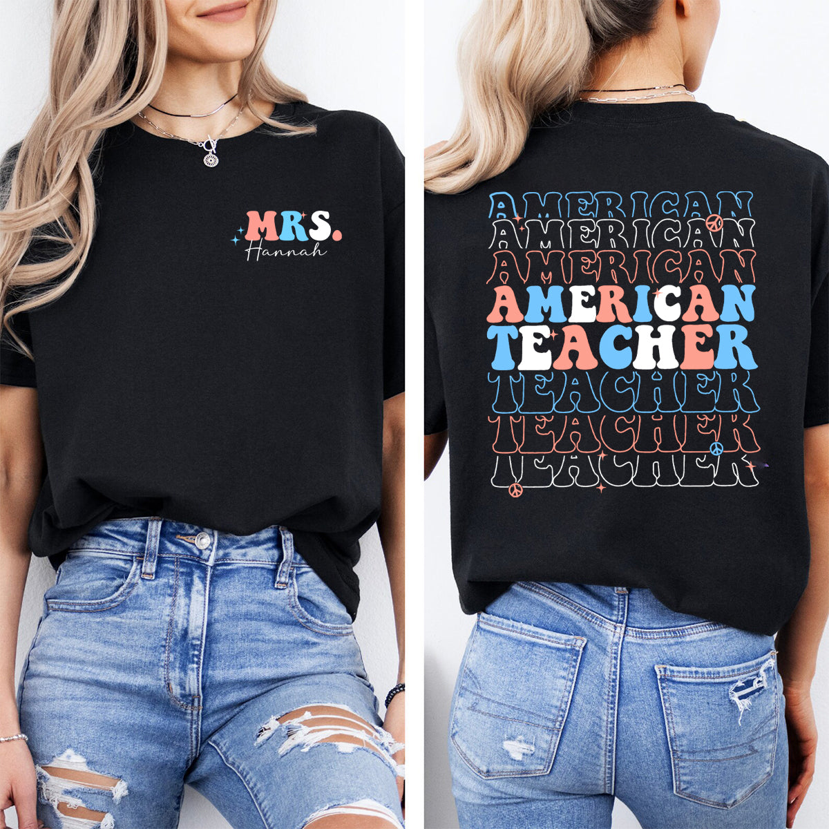 Personalized Name American Teacher Double Printed T-shirt