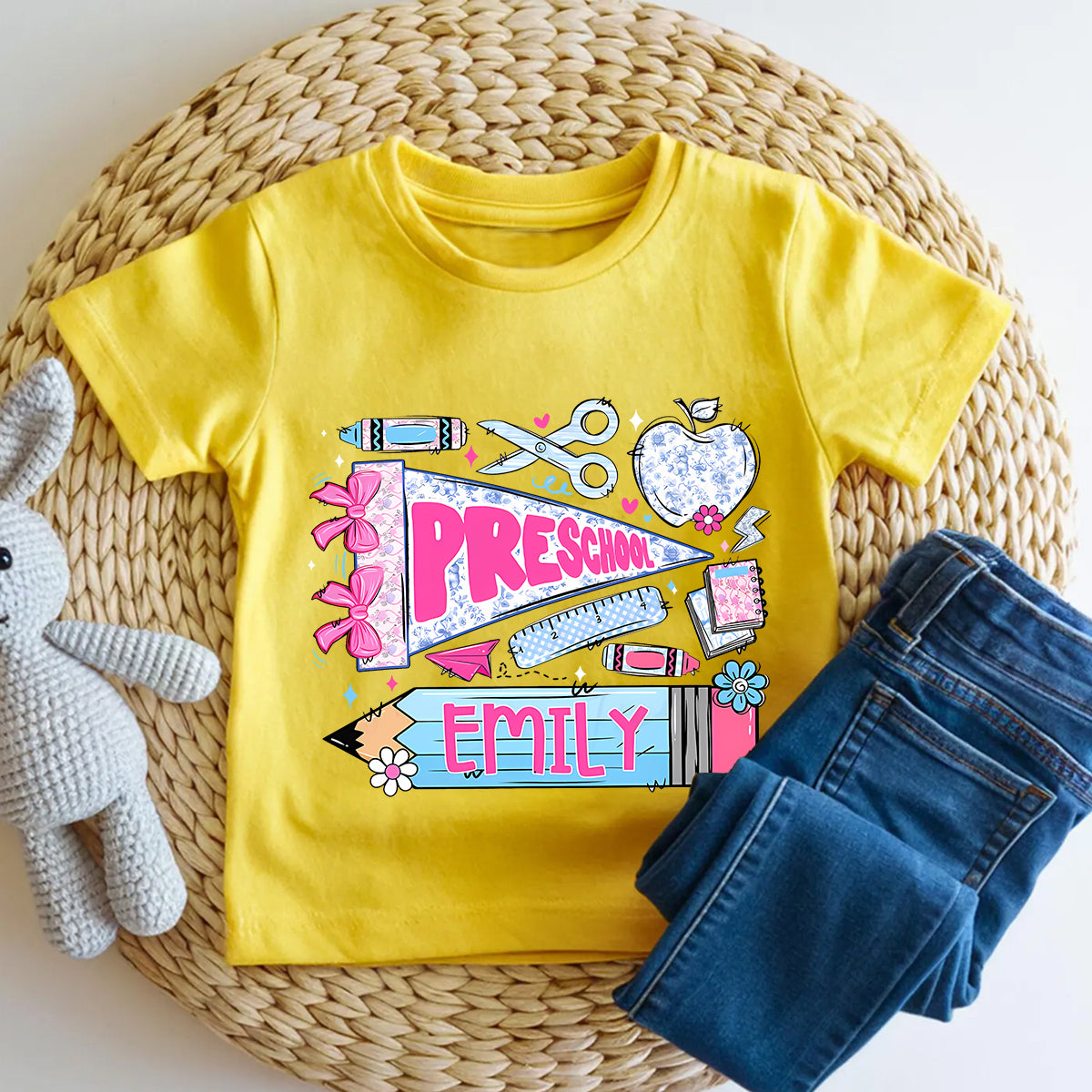 Personalized Name And Grade Preschool Bow Toddler T-shirts