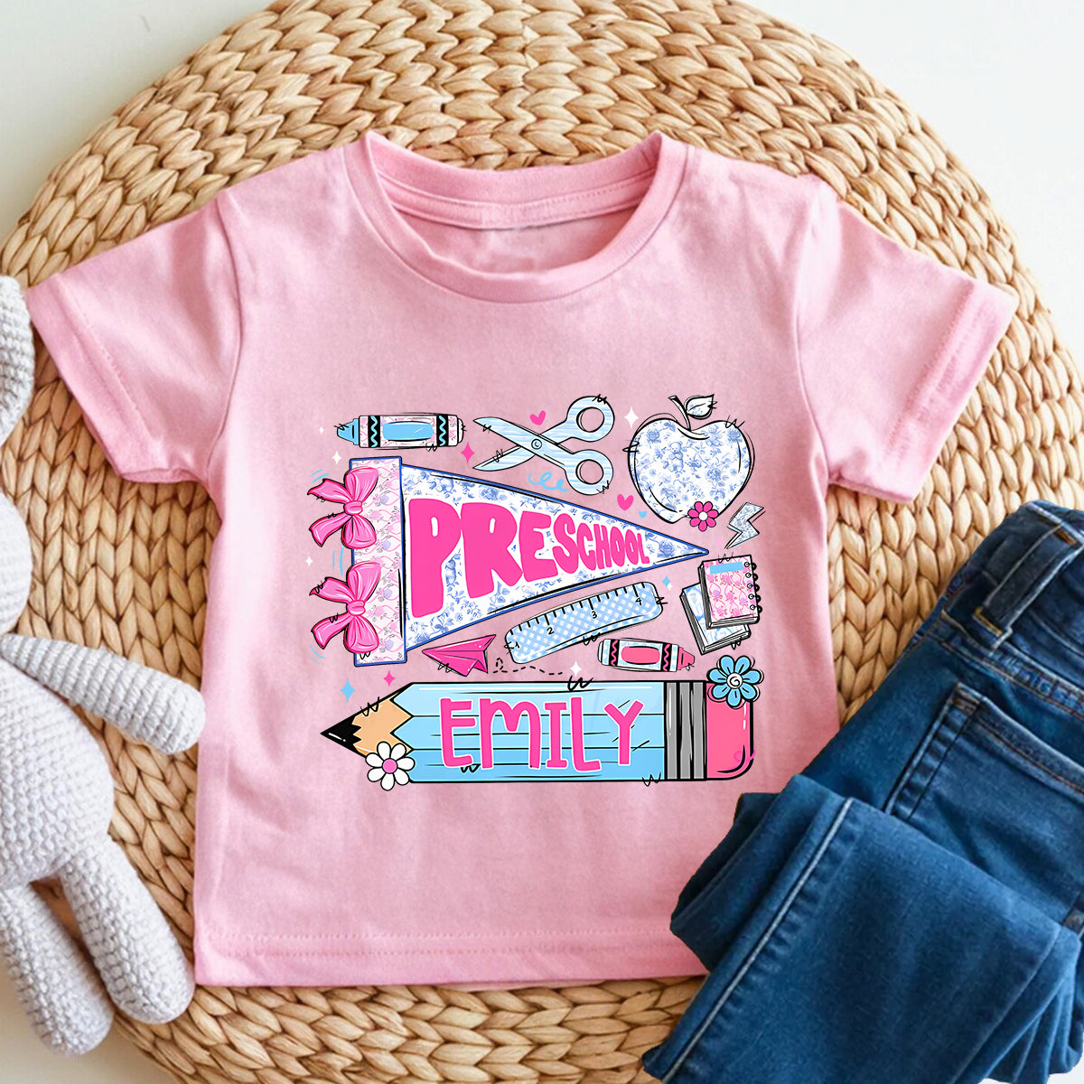 Personalized Name And Grade Preschool Bow Toddler T-shirts