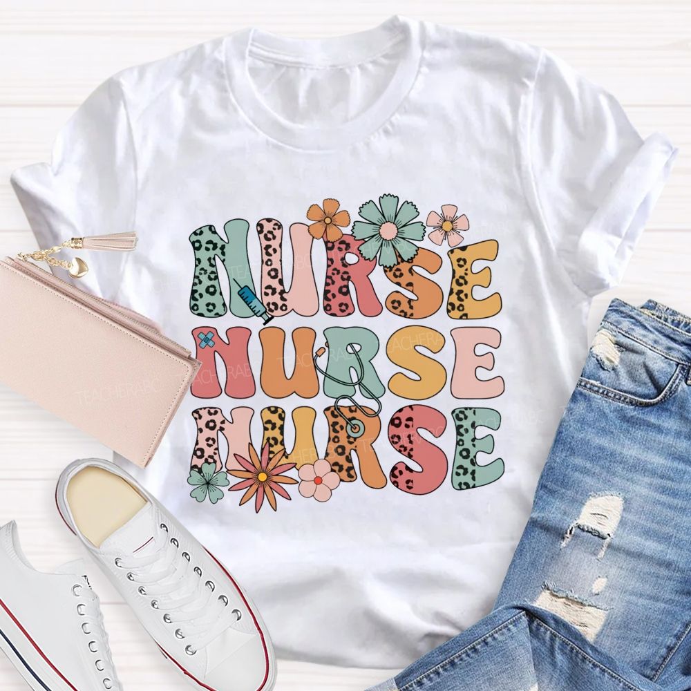 School Nurse Leopard Printed Flower Teacher T-Shirt