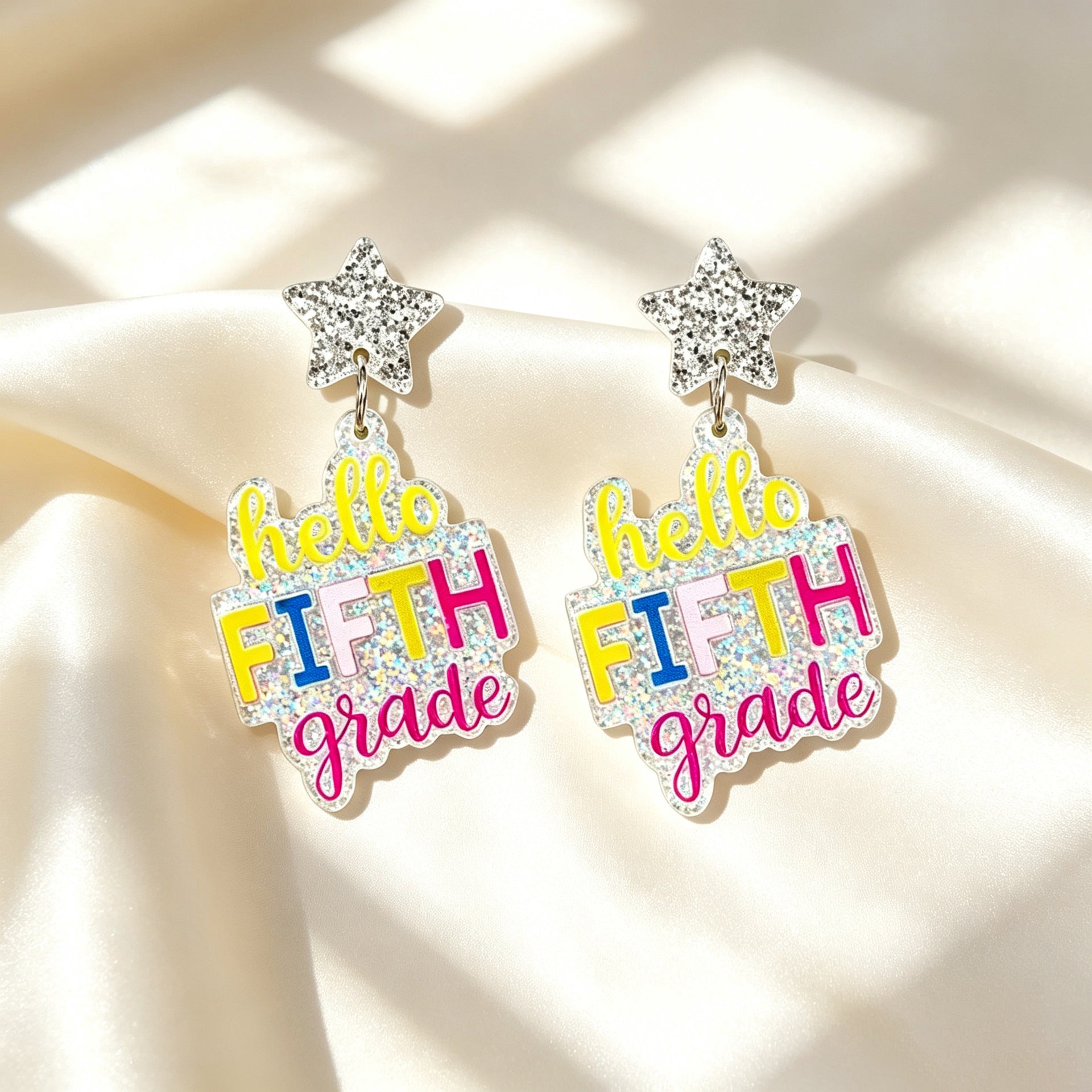 Back To School Rainbow Glitter Acrylic Earrings