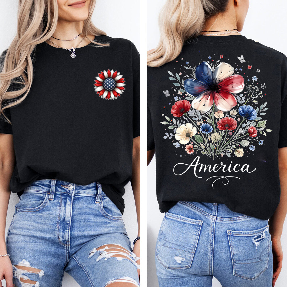 America Flowers Graphics Double Printed T-shirt