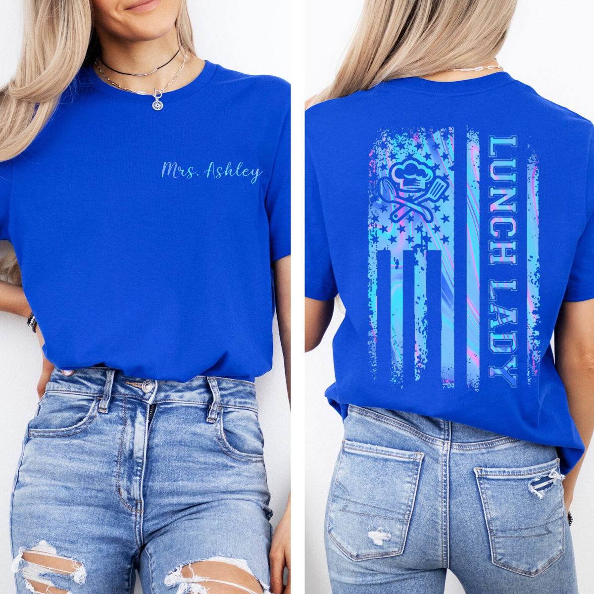 Personalized Name Lunch Lady Flag Double Printed T-shirt