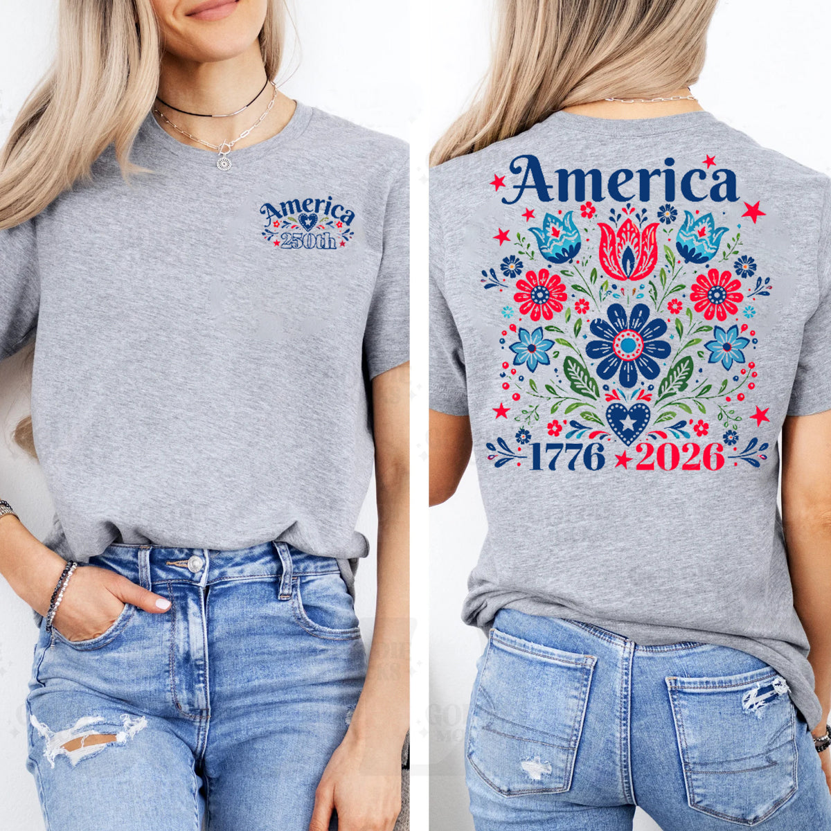 America 250th Flowers Graphics Double Printed T-shirt