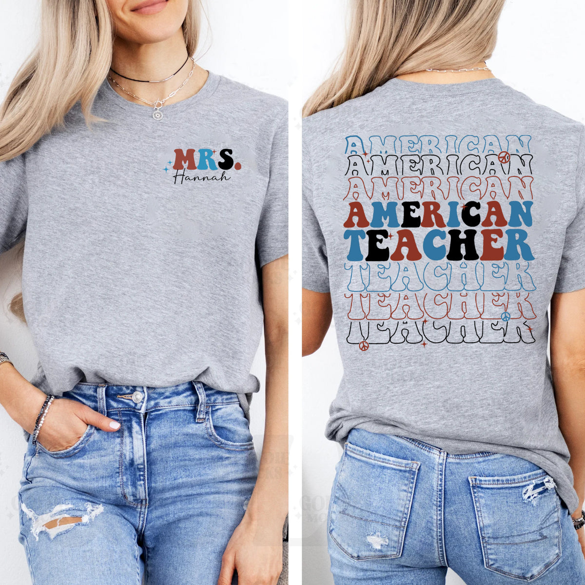 Personalized Name American Teacher Double Printed T-shirt