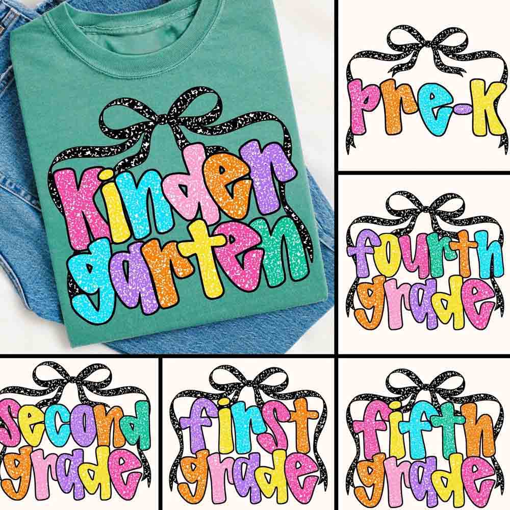 Personalized Grade Sparkly Colorful Letters Teacher T-Shirt