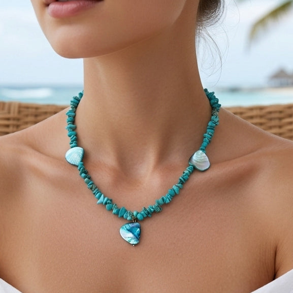 Dopamine-Style Natural Stone Beaded Necklace With Shell Pendant