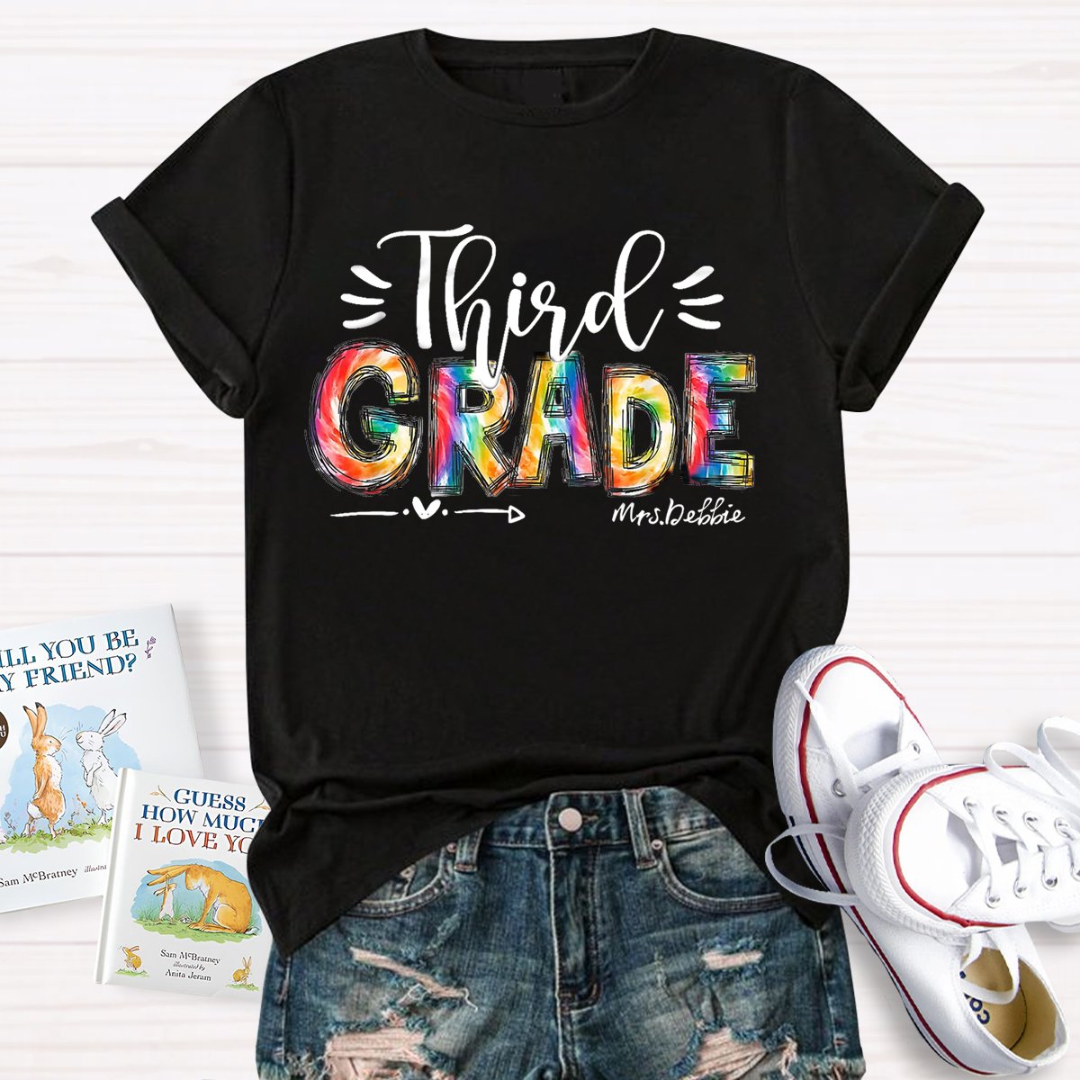 Personalized  Grade And Name Colorful Printed Teacher Back To School T-Shirt