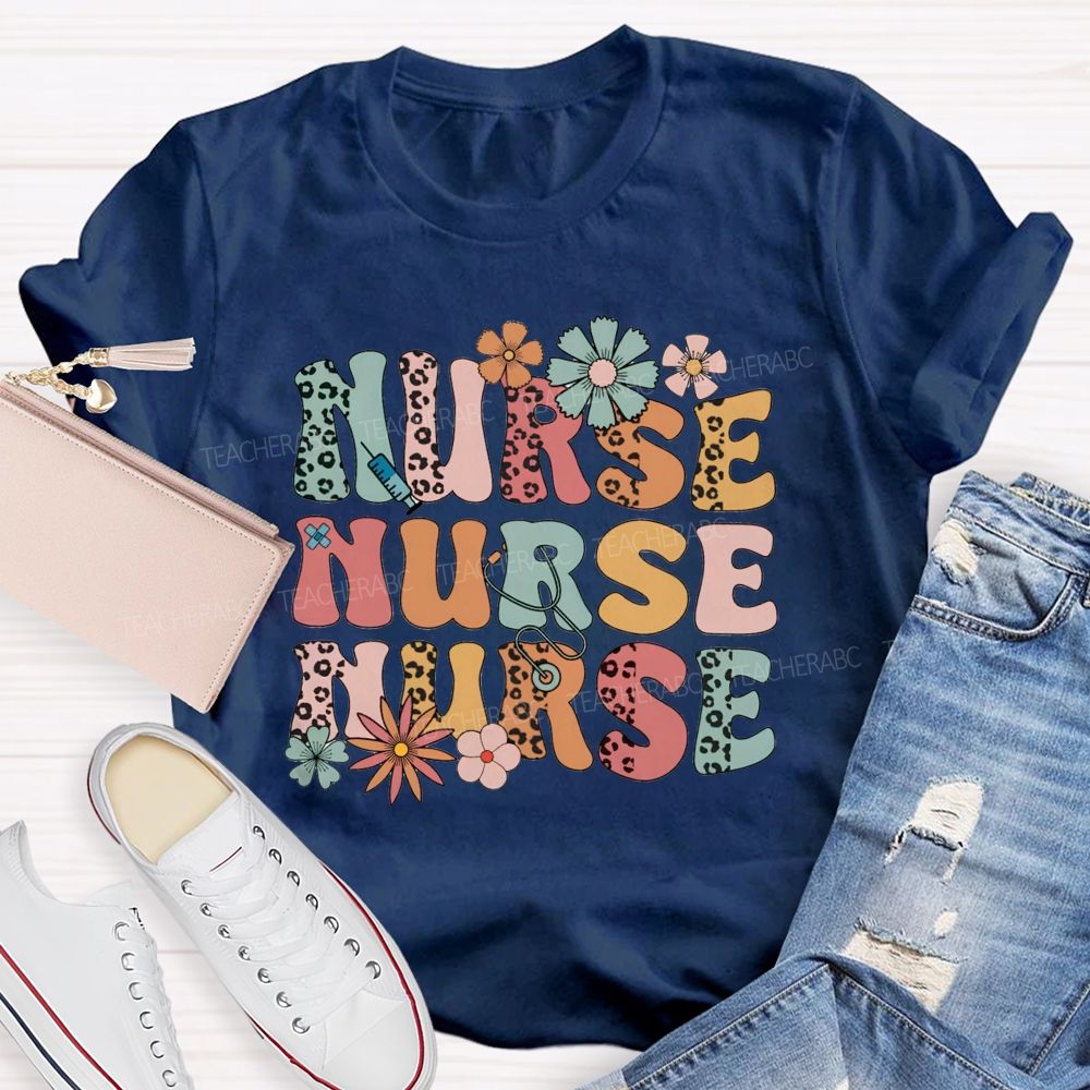 School Nurse Leopard Printed Flower Teacher T-Shirt